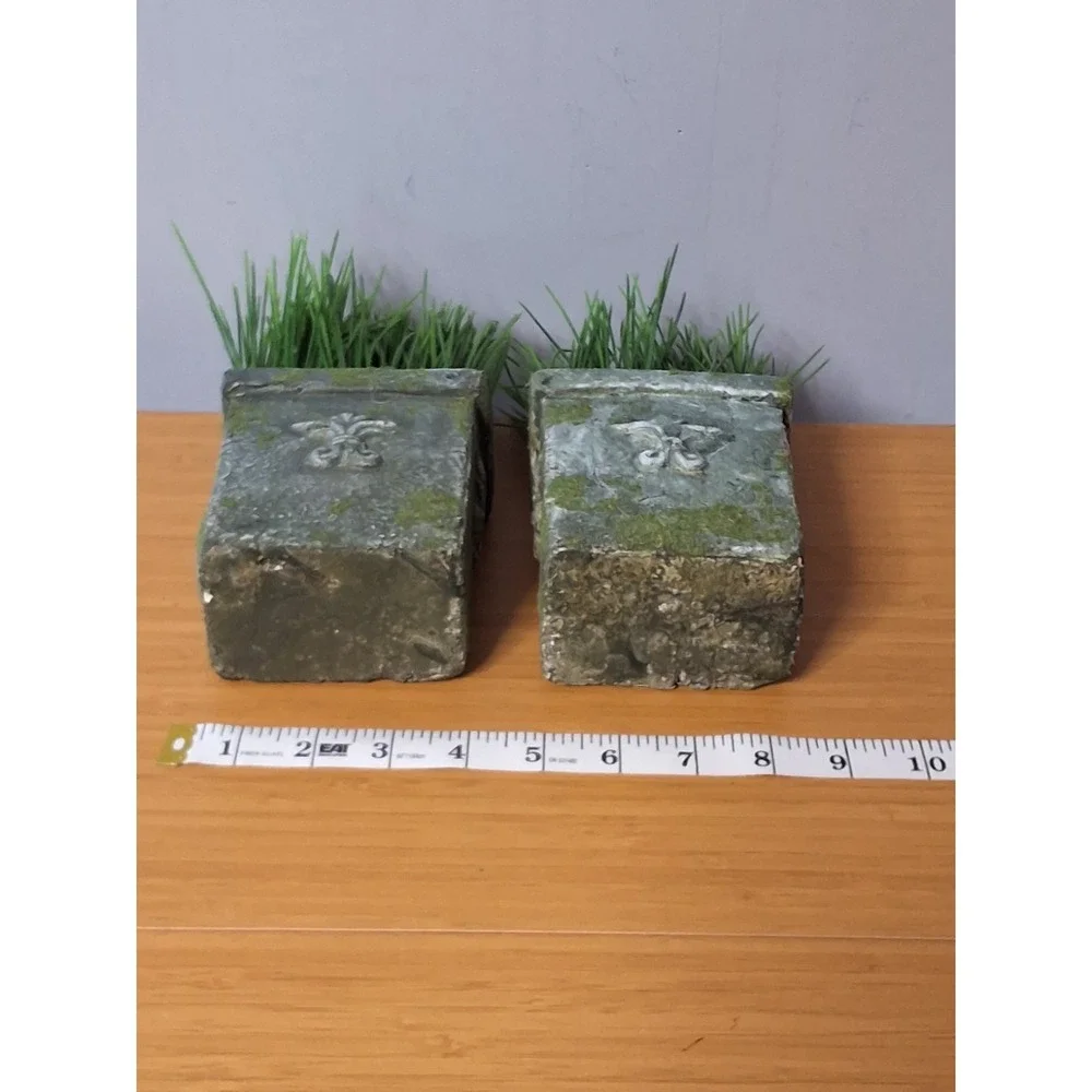 Pair Of Artificial Potted Green Grass Plants In Rustic Concrete Hangable...
